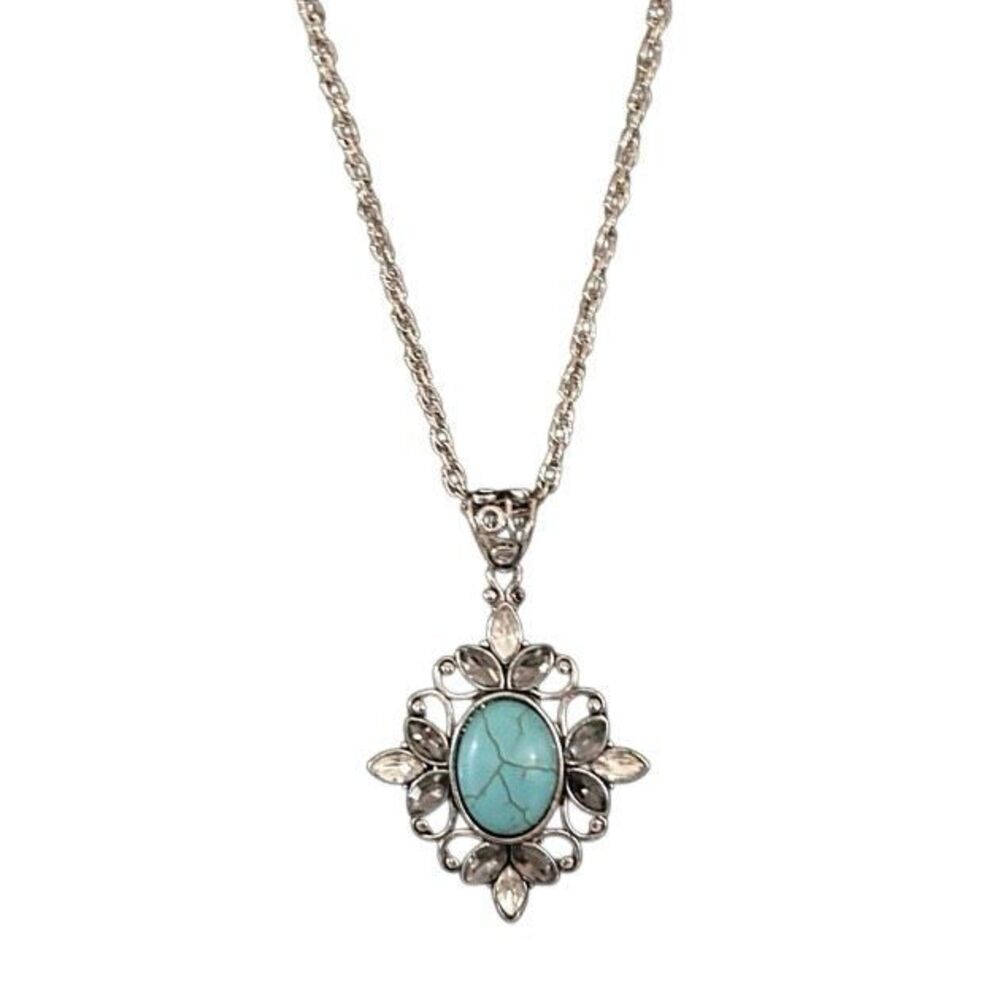Vintage Pendant Necklace Women's Silver-tone Chain Turquoise Cabochon Center - Picture 6 of 9
